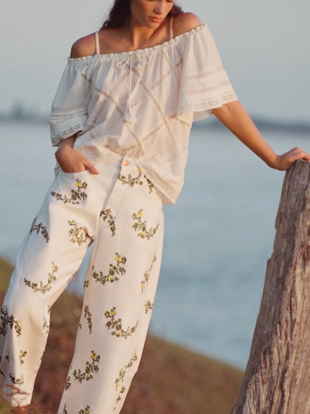 Anthropologie cream barrel Pants with Yellow/green Floral Embroidery - Picture 3 of 16
